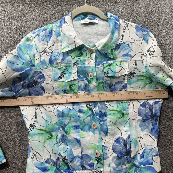 Haris‎ Cotton Button Up Jacket Women Small 100% Linen Blue Floral Watercolors - Picture 4 of 11